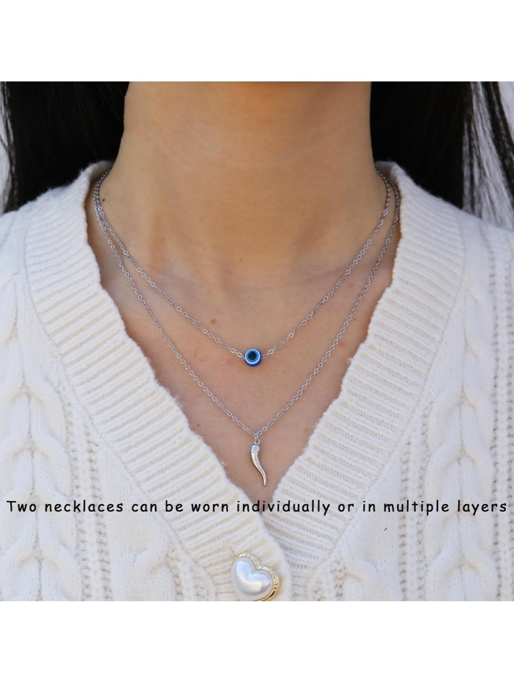 Silver Layered Evil Eye & Horn Pendant Necklace - Blue - Picture 4 of 5